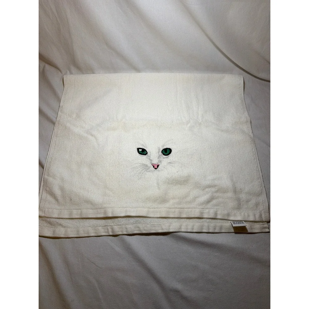 Vintage Dundee Jillian Rose Cat Towel‎ Set White Embroidered Cotton 3pc USA 80s